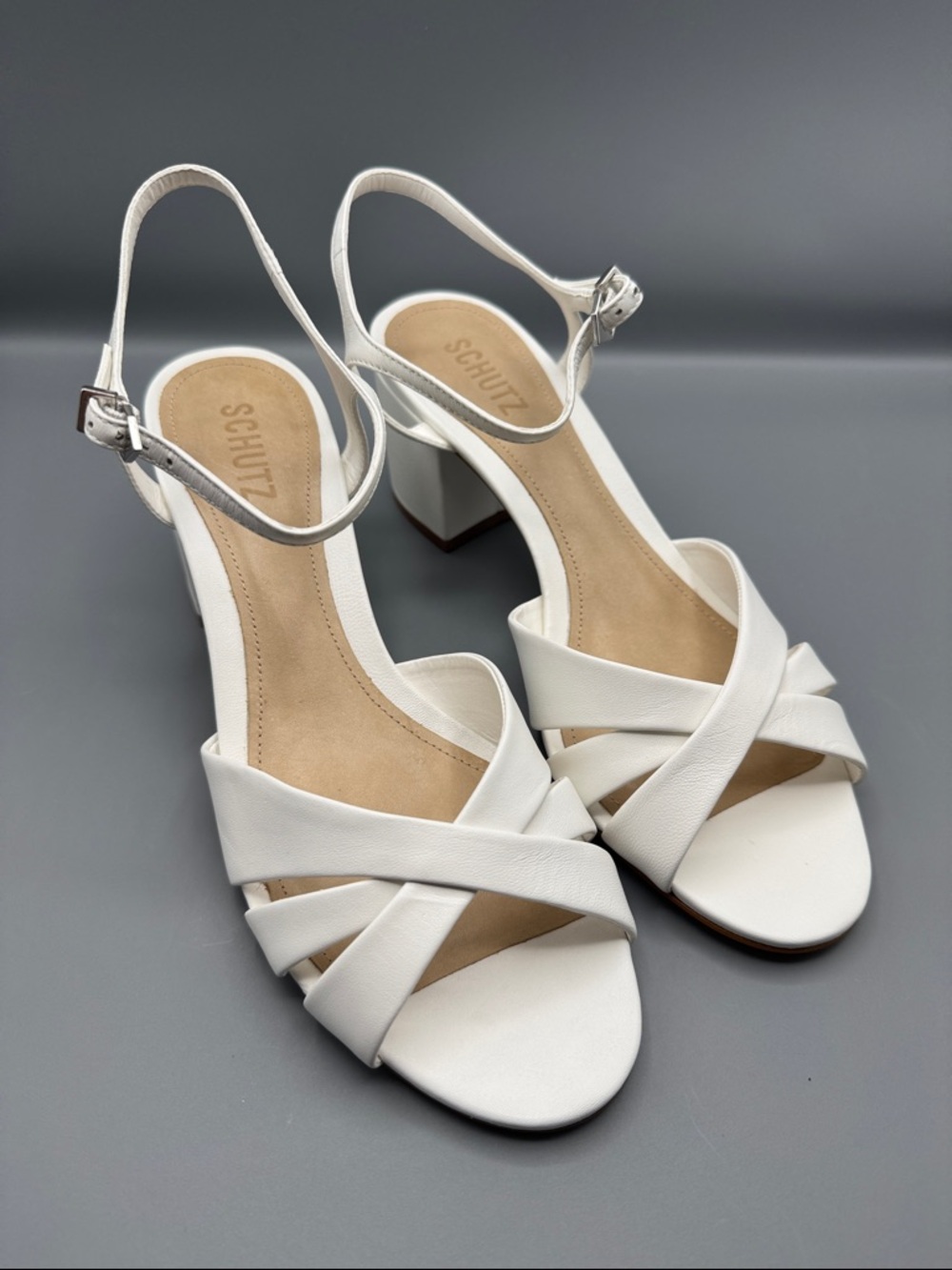 SCHUTZ KEEFA MID BLOCK SANDAL WHITE LEATHER
